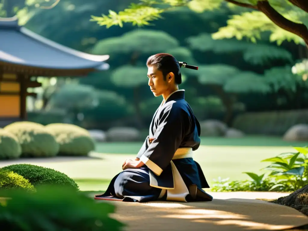 Joven samurái en entrenamiento tradicional, observando la práctica de su sensei en un jardín sereno