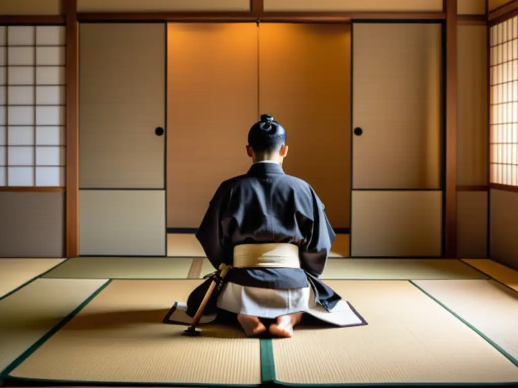 Joven samurái aprendiendo la importancia del protocolo samurái en ceremonia del té en tradicional sala de tatami