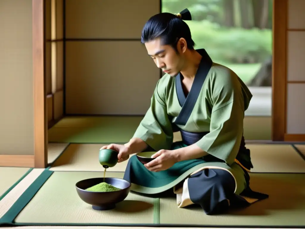 Un joven samurái prepara con reverencia té matcha en una serena habitación tatami