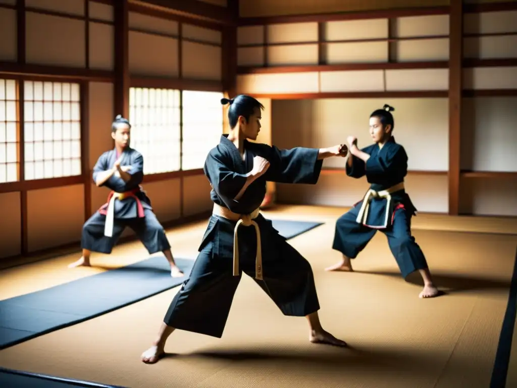 Jóvenes aprendices samurái en intenso entrenamiento en un dojo tradicional, reflejando la educación de futuros guerreros samurái