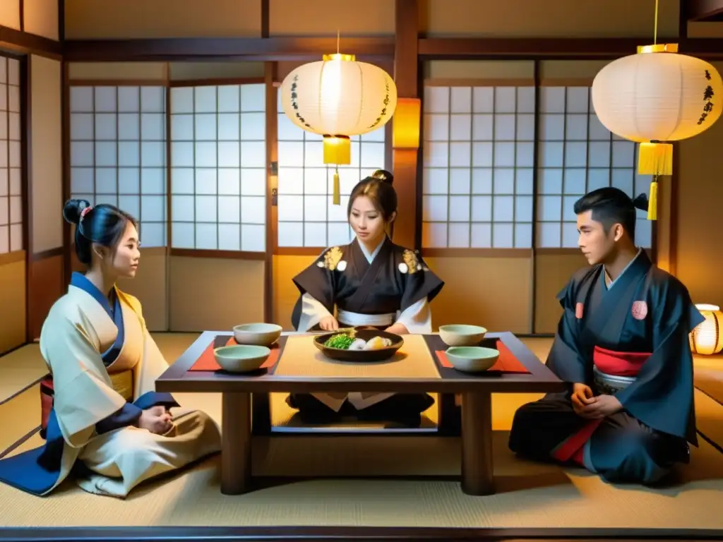 Jóvenes samuráis disfrutan de una dieta tradicional japonesa en ceremonia ancestral