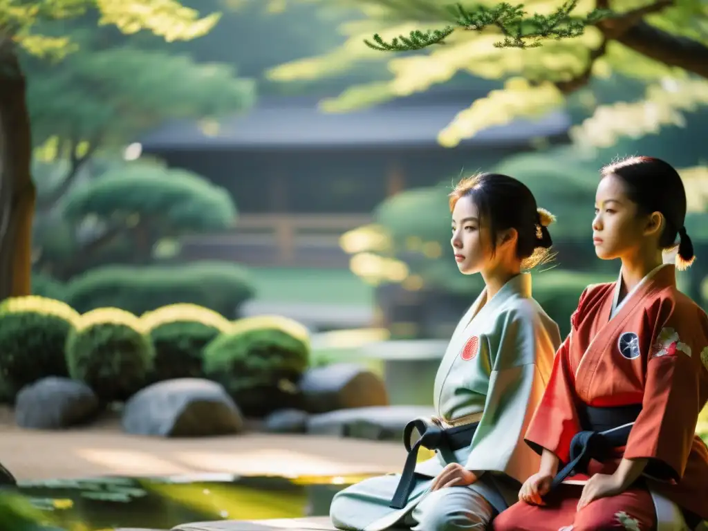 Jóvenes estudiantes practican artes marciales samurai en un jardín japonés, transmitiendo valores samurai para la juventud