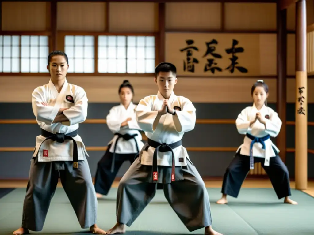 Jóvenes estudiantes practican artes marciales en un dojo tradicional, inculcando valores samurai para la juventud