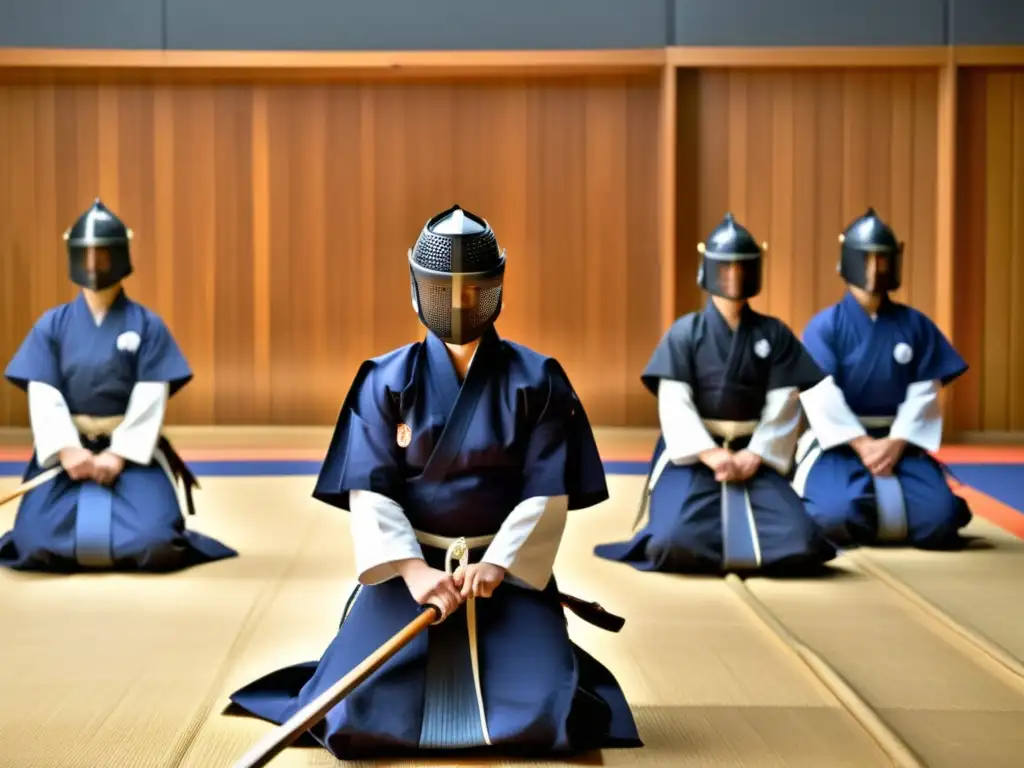 Jóvenes practicantes de kendo en intensa disciplina, guiados por el sensei en el dojo