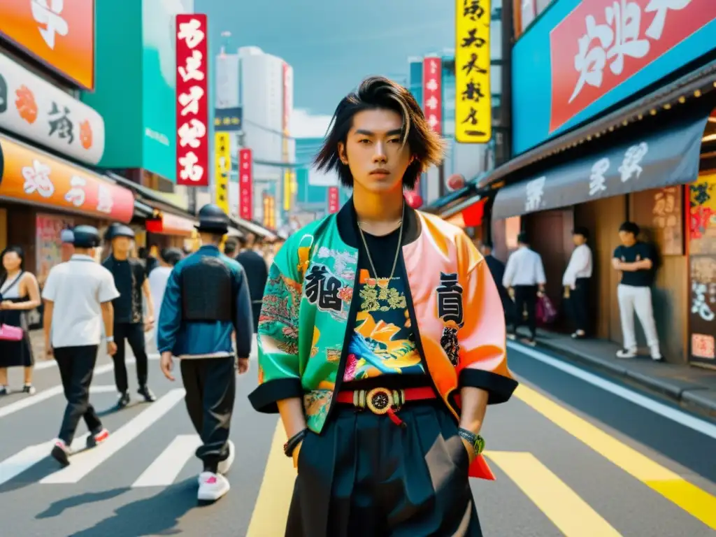 Jóvenes vistiendo prendas samurai en el streetwear, mezclando moda tradicional japonesa con estilo urbano moderno en una bulliciosa calle de la ciudad