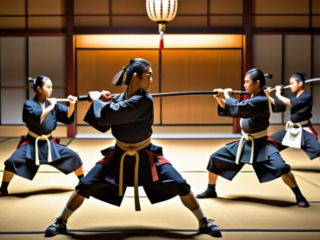 Jóvenes samurái entrenan con armas tradicionales en un dojo japonés, guiados por un experimentado sensei