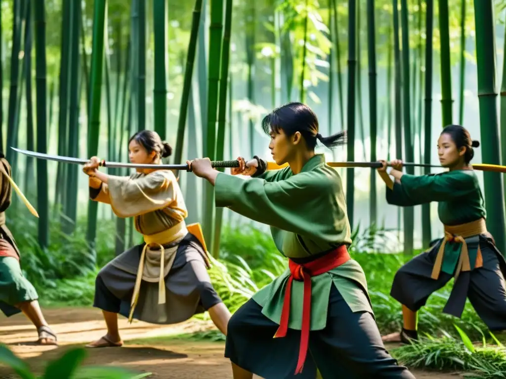 Jóvenes samuráis practican con armas tradicionales en un bosque de bambú sereno