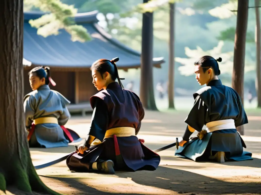 Jóvenes samuráis practican con armas tradicionales en un tranquilo campo de entrenamiento, bajo la atenta mirada del sabio sensei