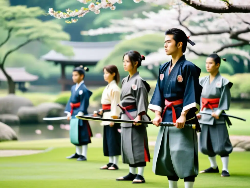 Jóvenes samuráis practican con armas tradicionales en un jardín japonés lleno de cerezos en flor, bajo la guía de su sensei