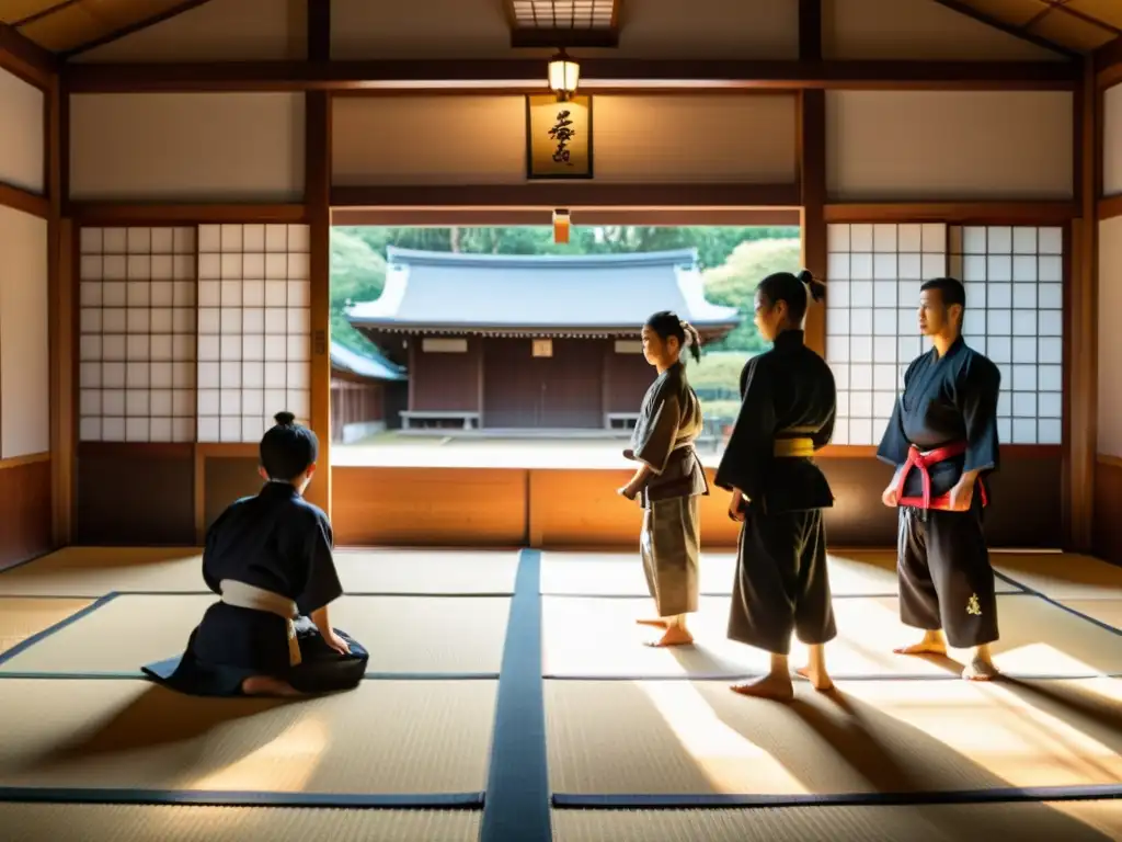 Jóvenes samuráis practican artes marciales en un dojo tradicional japonés, evocando preparación táctica para la generación samurái