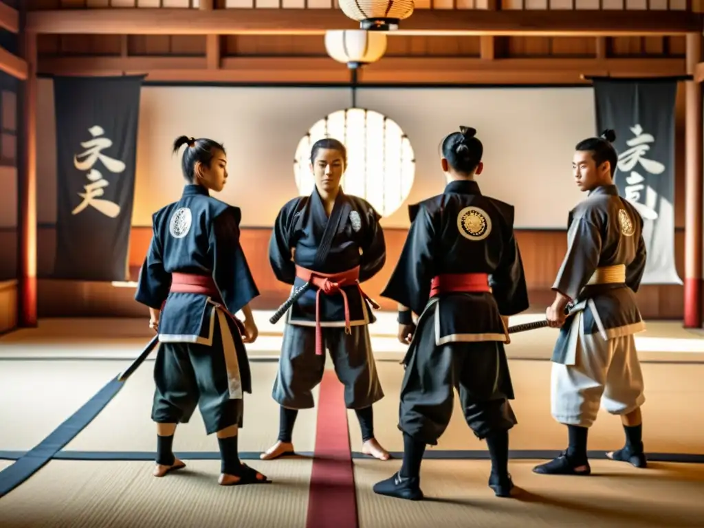 Jóvenes samuráis practican artes marciales en un dojo tradicional, mostrando preparación táctica para la generación samurái