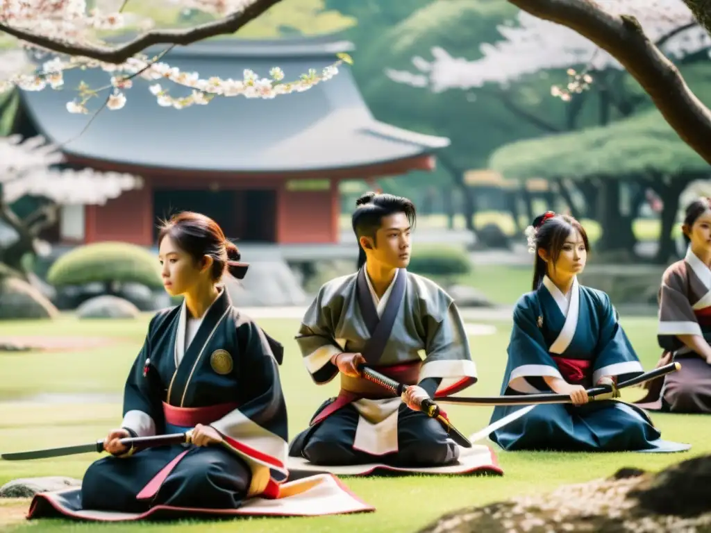 Jóvenes samuráis practican artes marciales con armas tradicionales en jardín japonés lleno de luz y serenidad