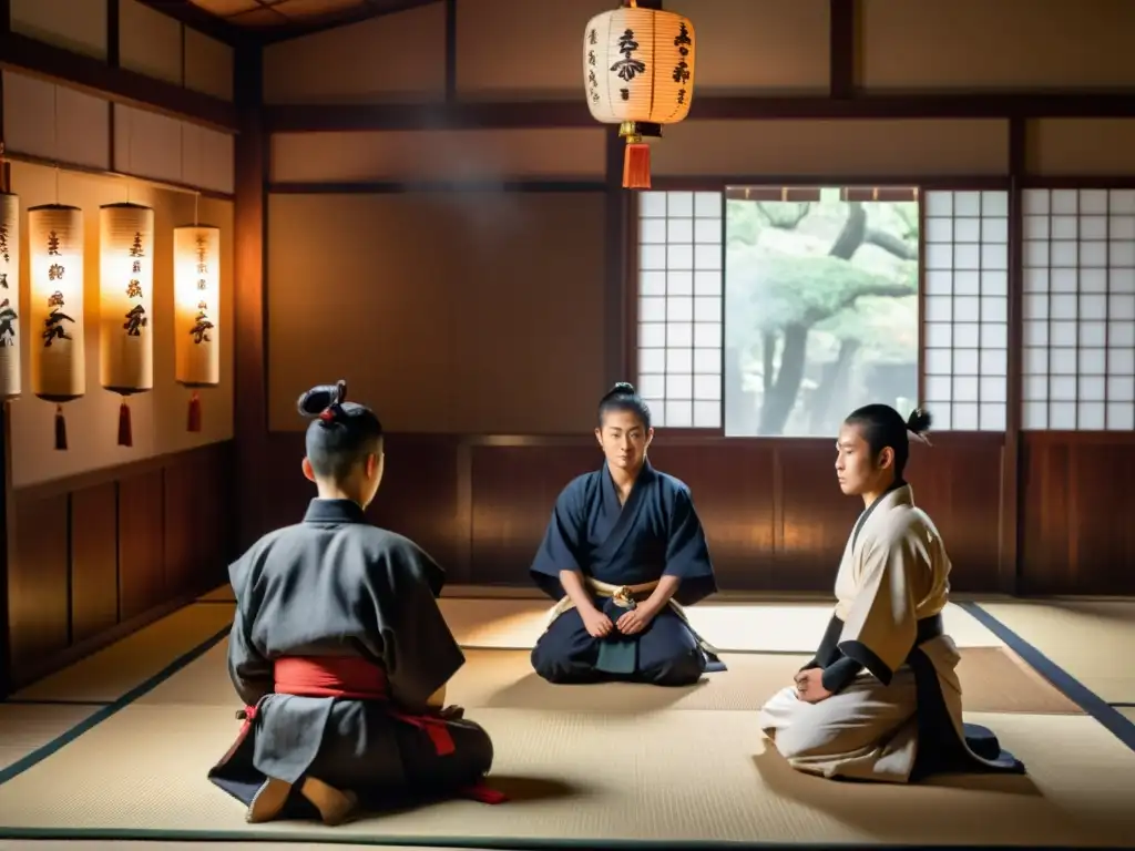 Jóvenes samuráis escuchan atentos a su sensei en un dojo, con incienso y detalles que evocan los rituales confucianos en la cultura samurái