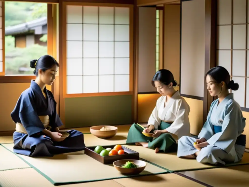 Jóvenes samuráis preparando una comida tradicional en casa japonesa, con ingredientes coloridos