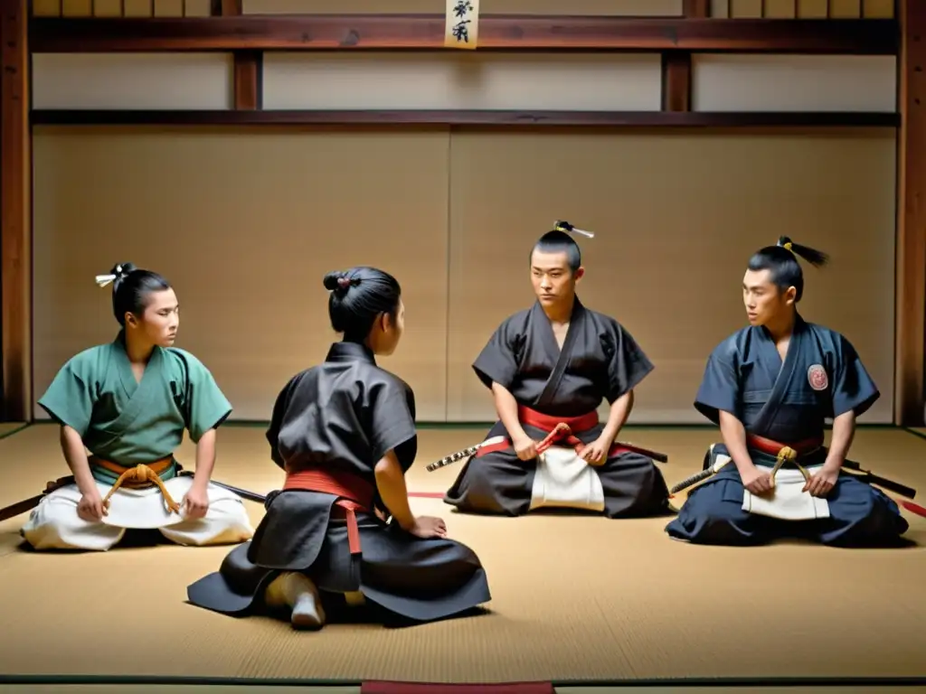 Jóvenes samuráis entrenan en un dojo tradicional, iluminado por la luz de las linternas