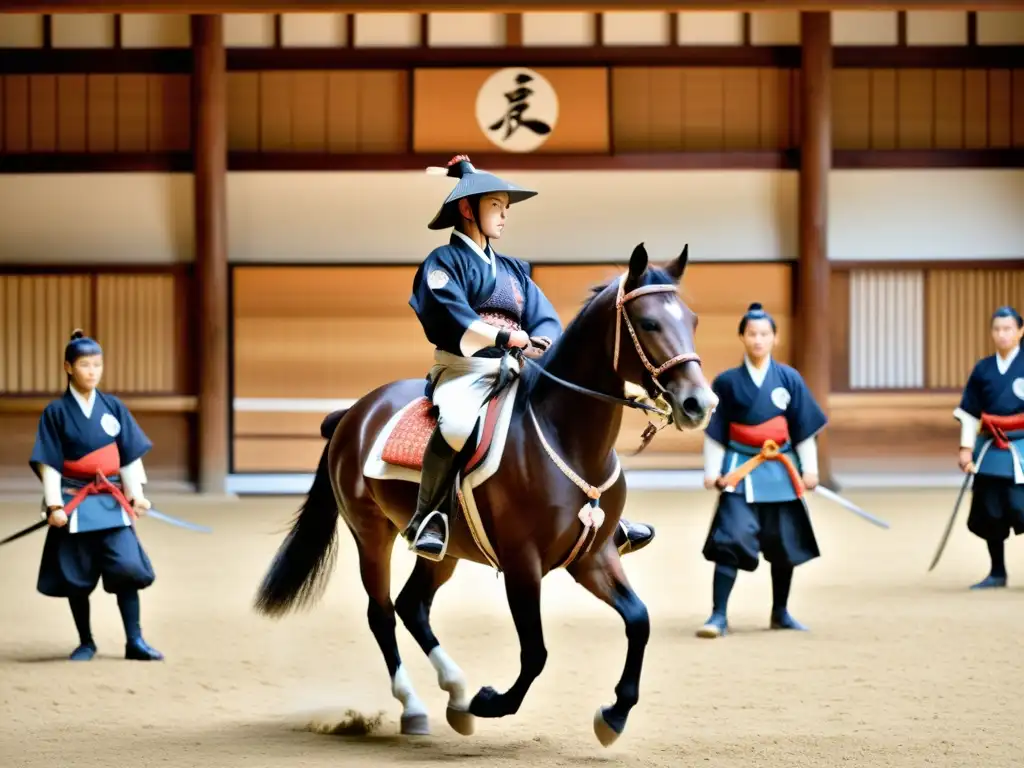 Jóvenes samuráis en entrenamiento ecuestre en un dojo japonés