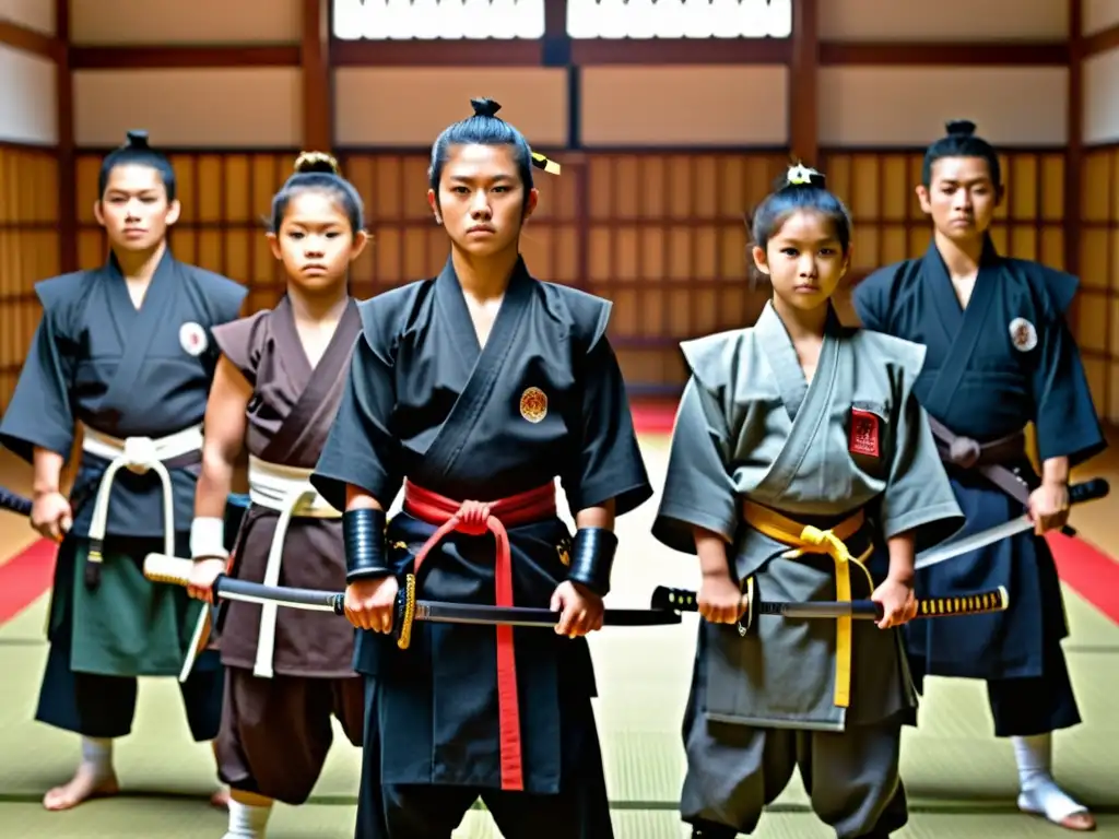 Jóvenes samuráis en entrenamiento, observados por un maestro en un dojo, reflejando la formación tradicional