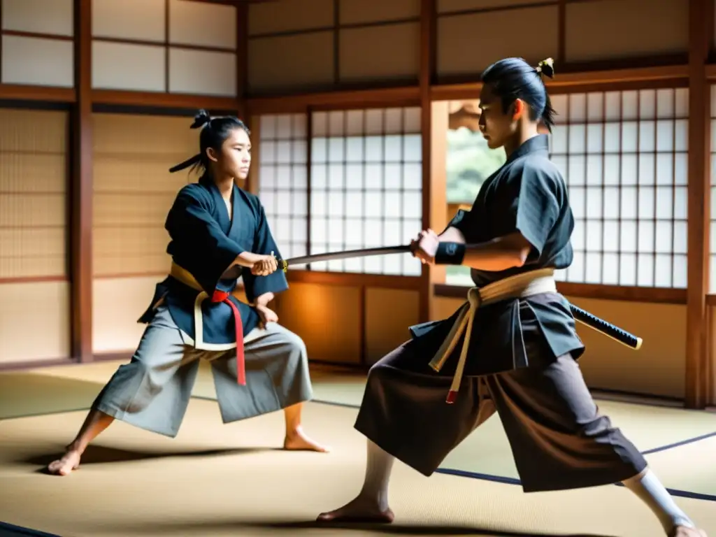 Jóvenes samuráis en entrenamiento con sensei en un dojo tradicional