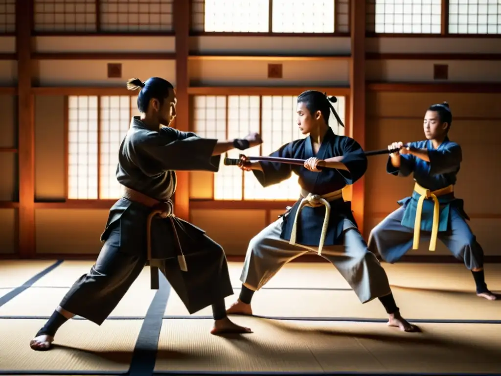 Jóvenes samuráis en intenso entrenamiento bajo la guía del sensei, en un dojo tradicional iluminado por la luz solar, con banners de Bushido