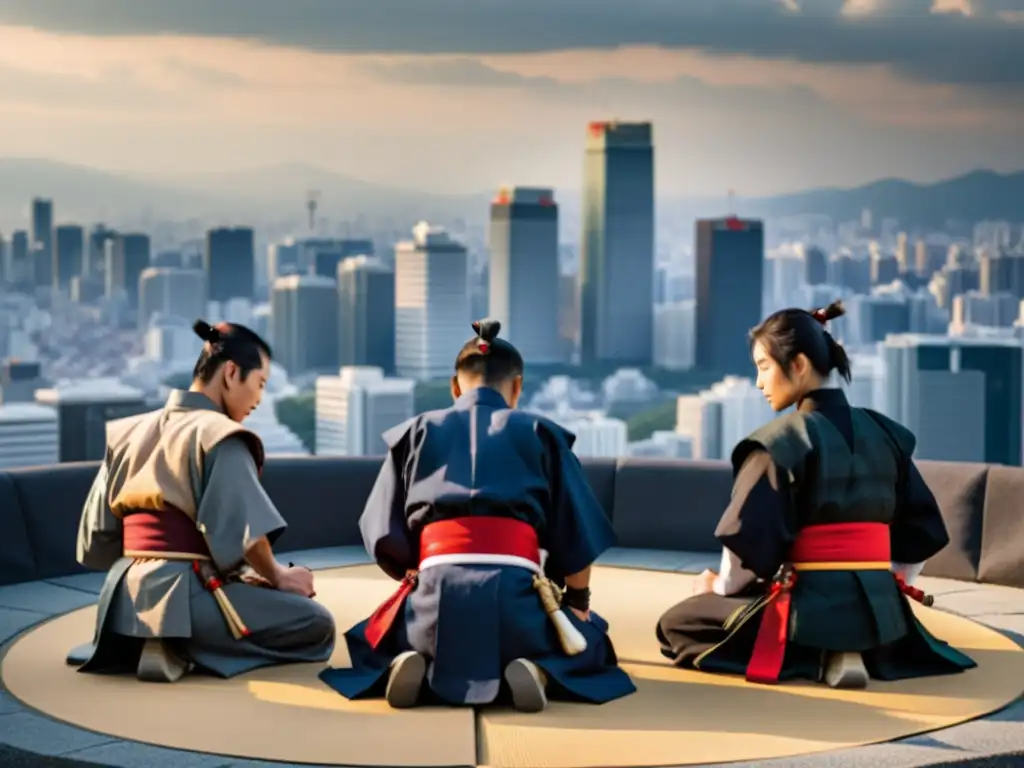 Jóvenes samuráis realizan seppuku, con skyline de Tokyo de fondo