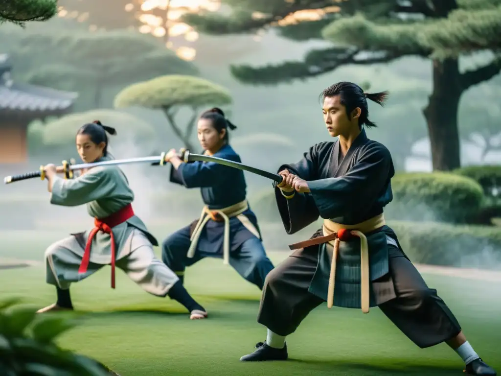 Jóvenes samuráis practican preparación táctica para la generación samurái en un jardín japonés al amanecer, bajo la guía de su sensei