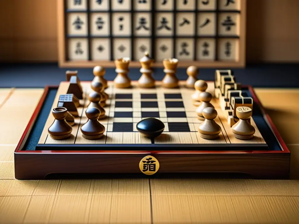 Juego de shogi japonés en sala tatami, destacando arte y pasatiempos samurái en la actualidad