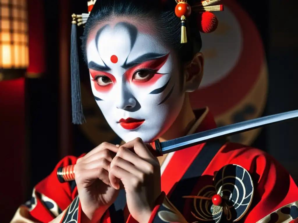 Una kabuki actriz en traje de samurái con maquillaje blanco y rojo, sosteniendo una katana, intensa y poderosa en el escenario