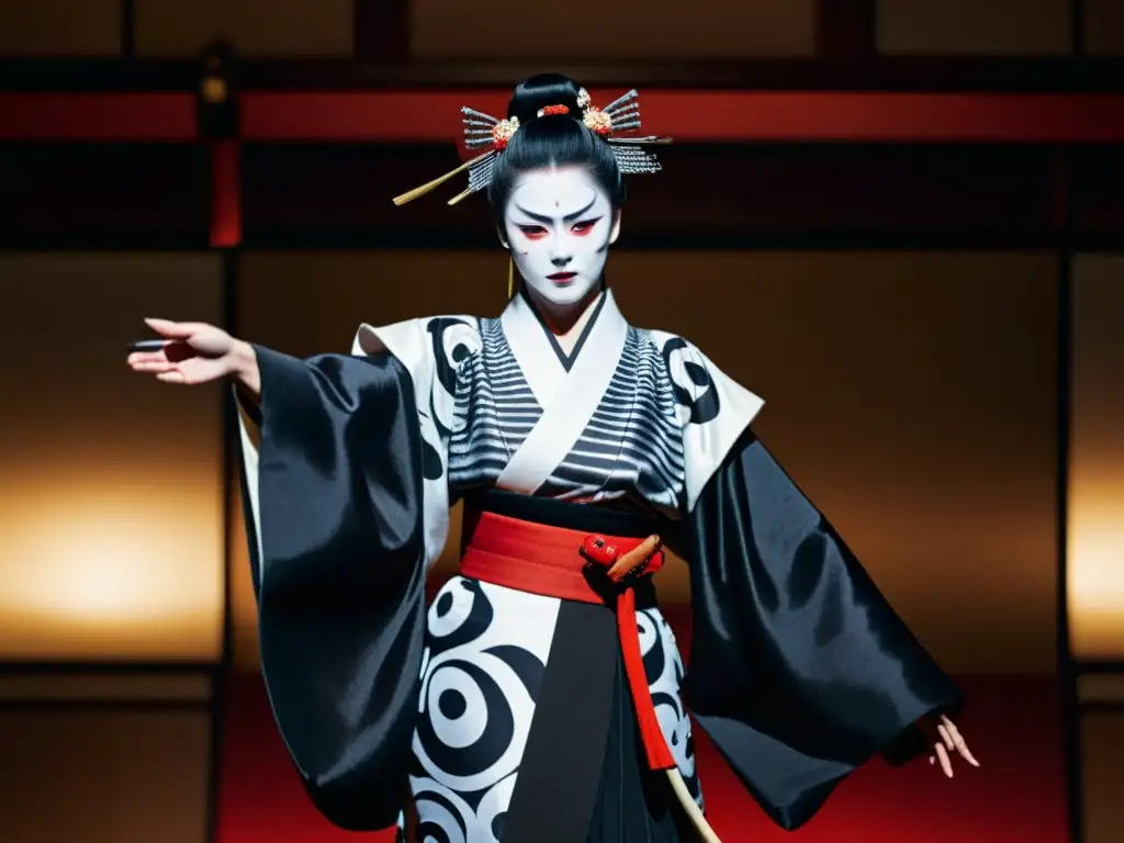 Una kabuki femenina con traje samurái en un poderoso escenario