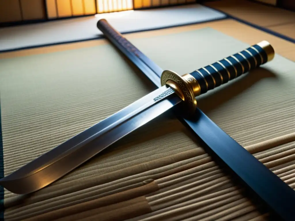 Una katana ancestral reposa sobre un tatami, revelando el arte del haiku en la cultura samurái