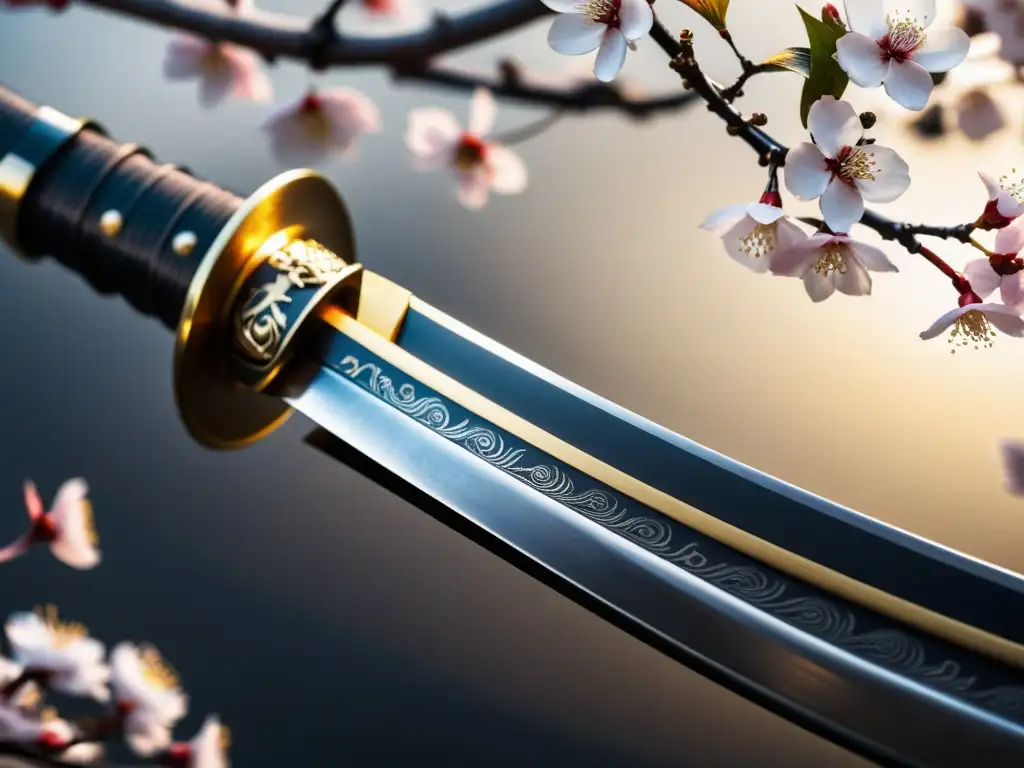 Una katana antigua detallada con patrones de acero, símbolos japoneses y pétalos de sakura