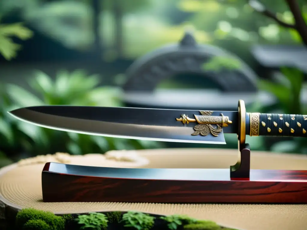 Una katana antigua reposa sobre un soporte lacado en un apacible jardín japonés, evocando la filosofía samurái y pensamiento confuciano