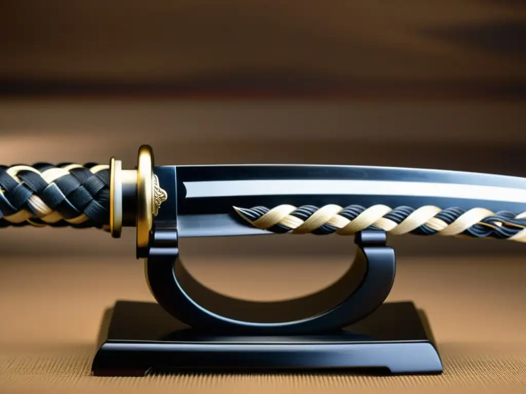 Una katana antigua reposa sobre un soporte tradicional, reflejando la filosofía implícita del legado ético ronin