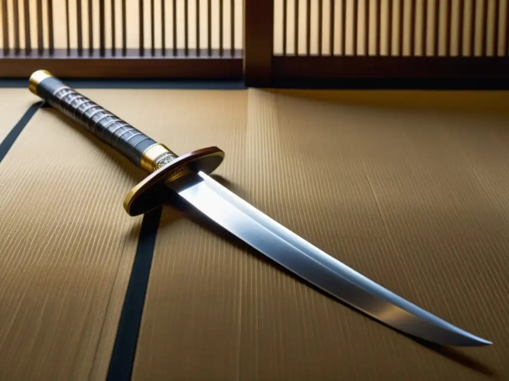 Una katana antigua reposa sobre un tatami japonés, bañada por la luz solar, destacando su exquisita artesanía