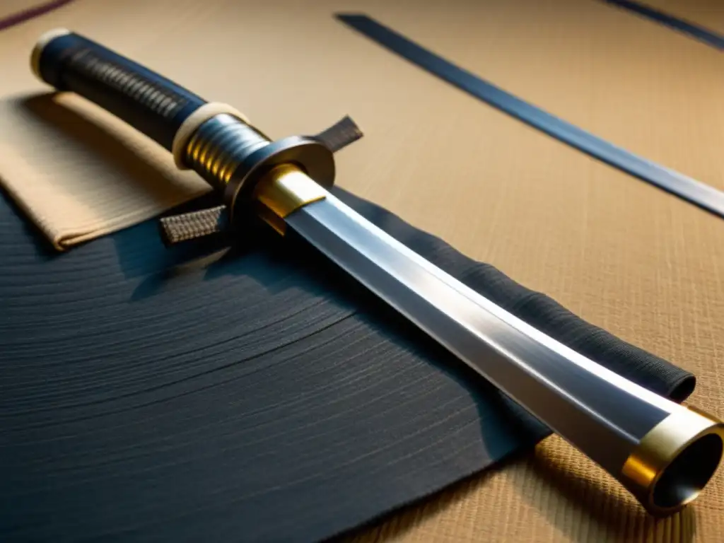 Una katana antigua descansa sobre un tatami japonés, rodeada de elementos tradicionales, evocando la ética y moralidad de ronin samurái