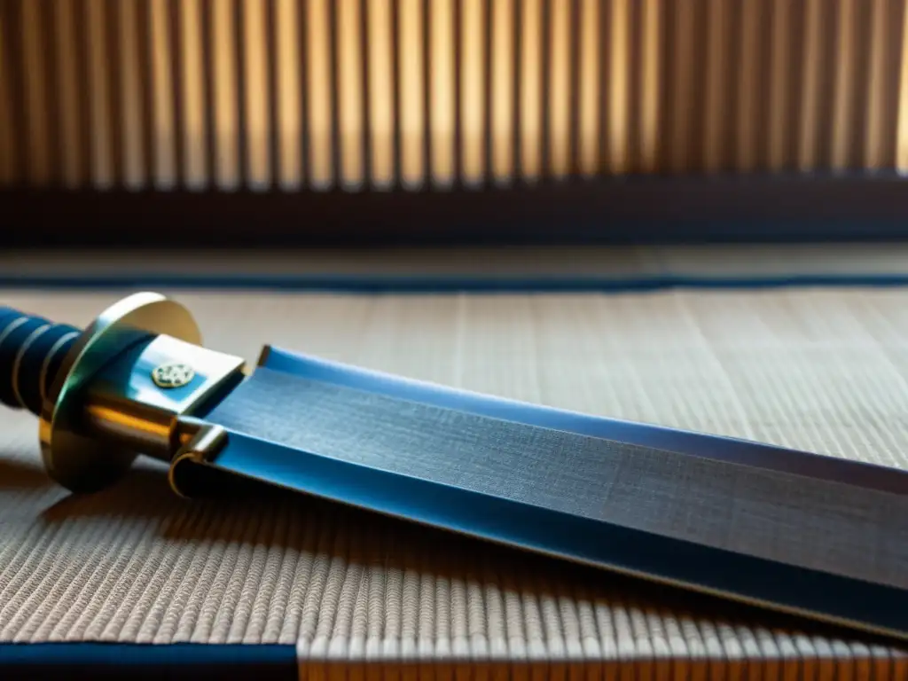 Una katana antigua descansa sobre un tatami japonés, con detalles de la hoja y empuñadura desgastados