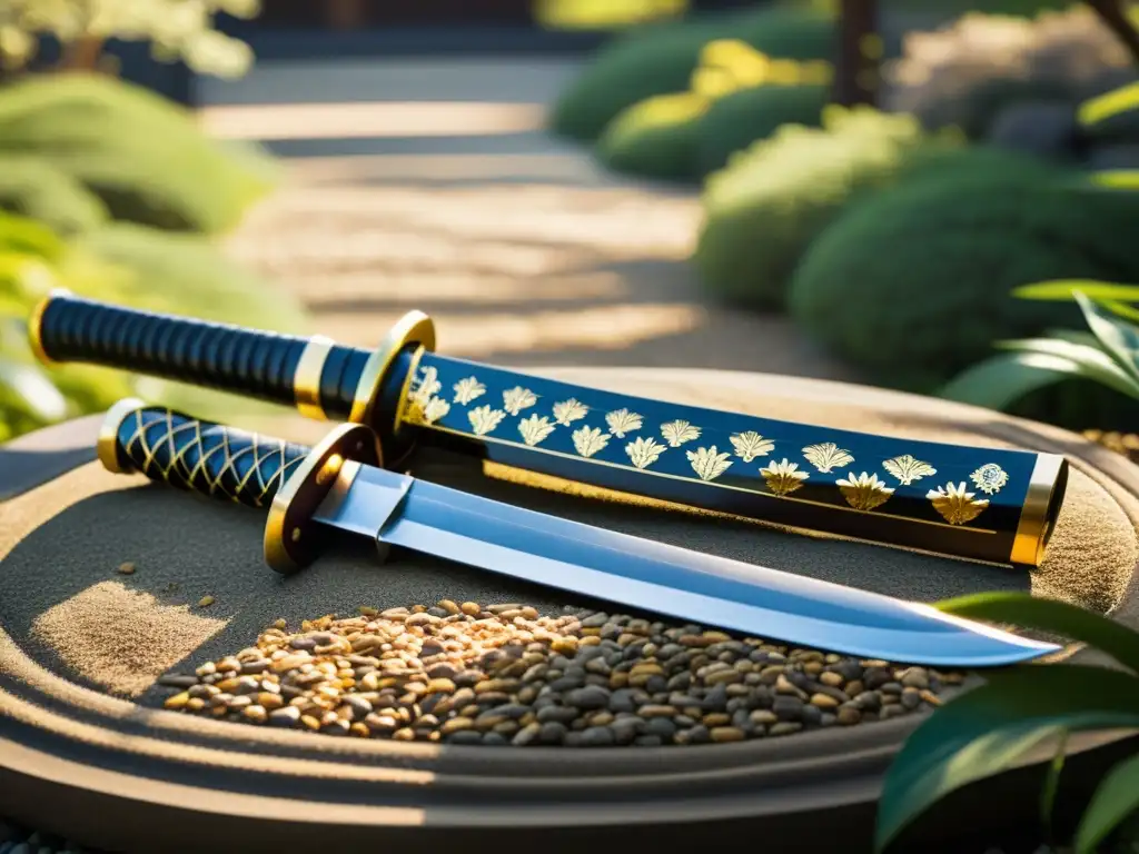 Un katana descansa sobre armadura samurái en un apacible jardín zen, reflejando la espiritualidad del samurái en textos filosóficos