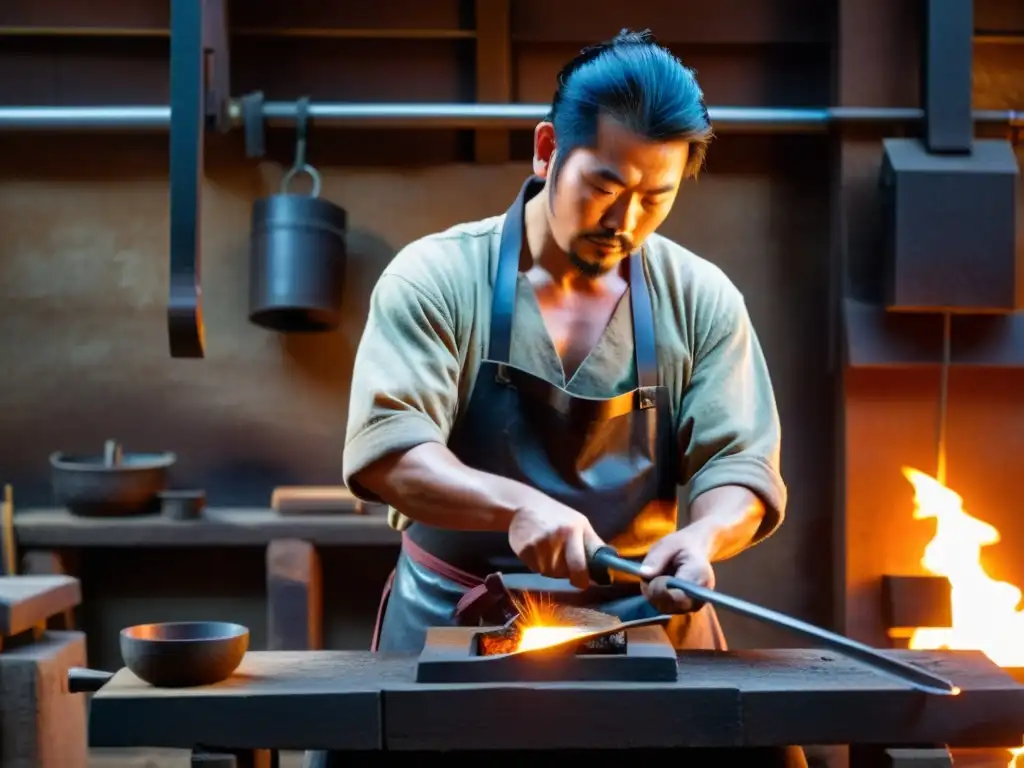 Un hábil herrero forjando una katana samurái con arte en un taller tradicional japonés, rodeado de la luz cálida del fuego y herramientas de trabajo