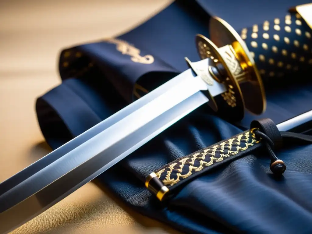 Una katana artesanal descansa sobre una bolsa de seda en un dojo japonés tradicional