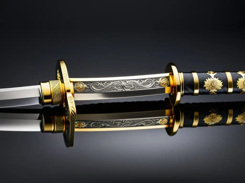 Una katana artesanal de lujo con detalles grabados, reflejando la influencia samurái en la alta costura, en un fondo oscuro y dramático