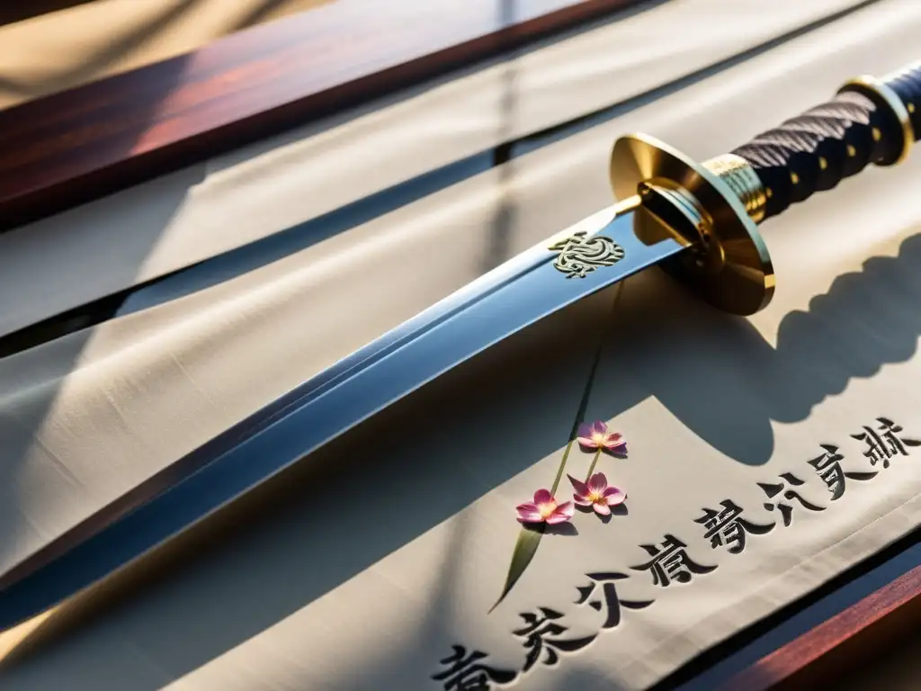 Una katana samurái de artesanía incomparable descansa junto a caligrafía japonesa, mostrando las técnicas de fabricación del acero samurái