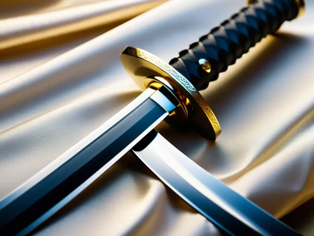 Una katana brillante reposa sobre seda, en un dojo iluminado, reflejando la ética samurái