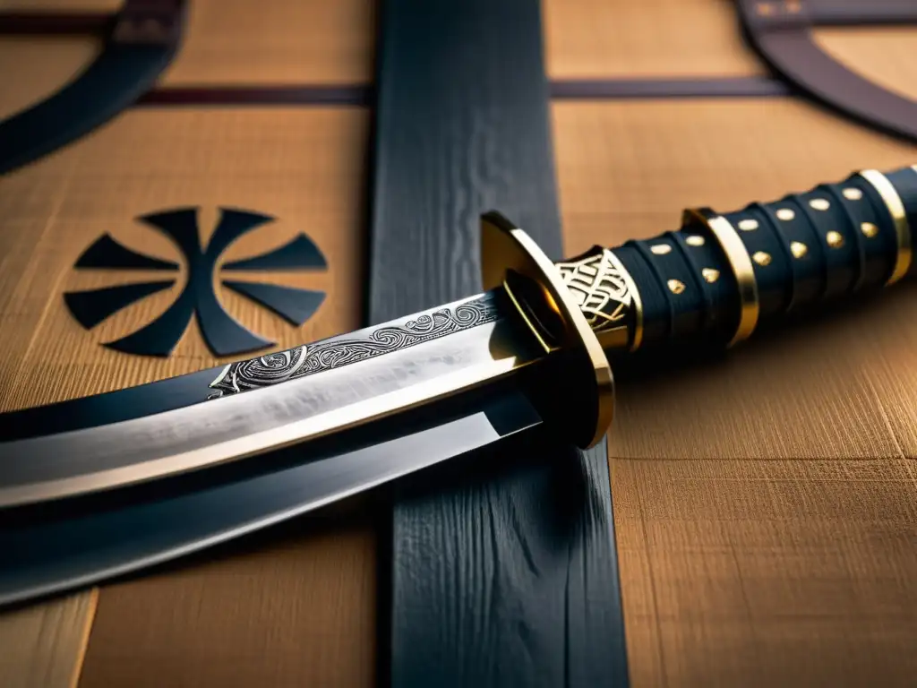 Una katana centenaria muestra intrincados patrones en su hoja y empuñadura con símbolos japoneses