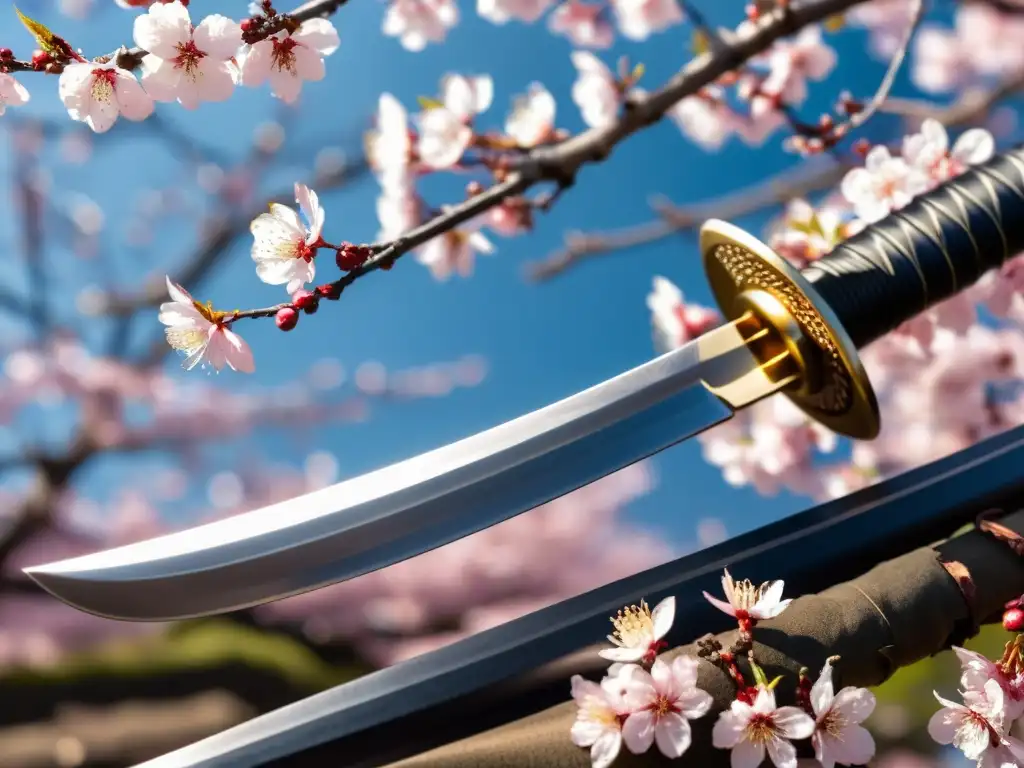 Una katana descansa entre cerezos en flor, su hamon exhibe la maestría artesanal