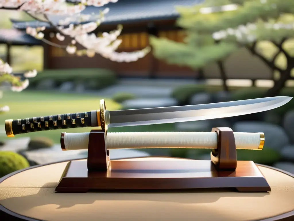 Una katana decorada con esmero descansa en un soporte de madera pulida, reflejando la luz del panel shoji