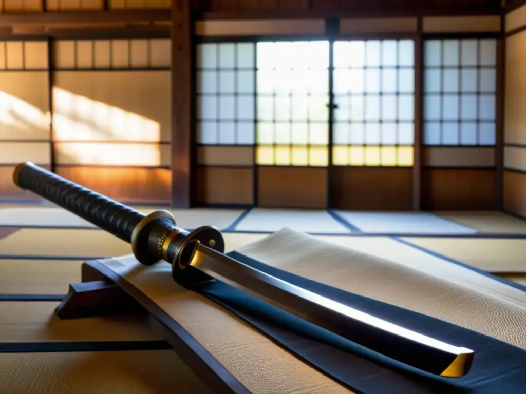 Una katana desgastada descansa en un dojo japonés, evocando la esencia de las novelas gráficas samuráis imprescindibles