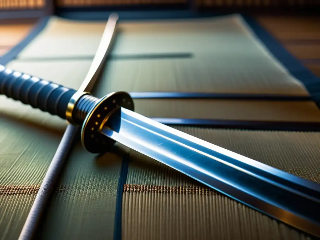 Una katana desgastada y enigmática refleja la luz suave de un dojo japonés, evocando la filosofía implícita ronin legado ético