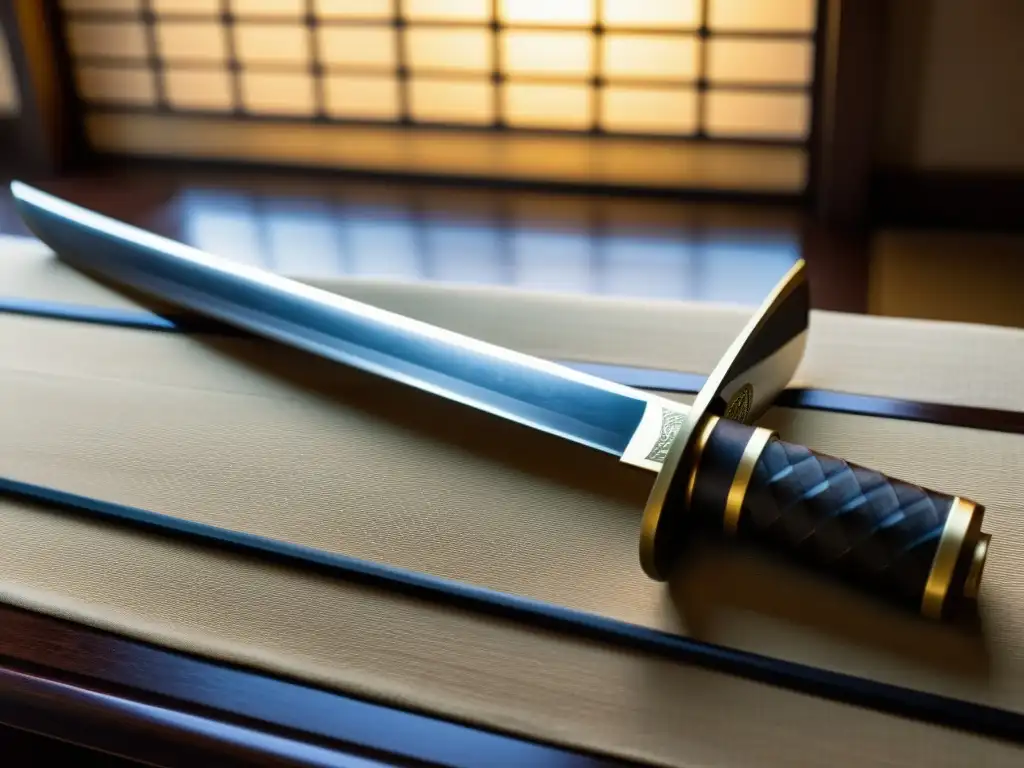 Una katana desgastada descansa en un soporte de madera tradicional, con su hoja reflejando la luz suave a través de una pantalla shoji