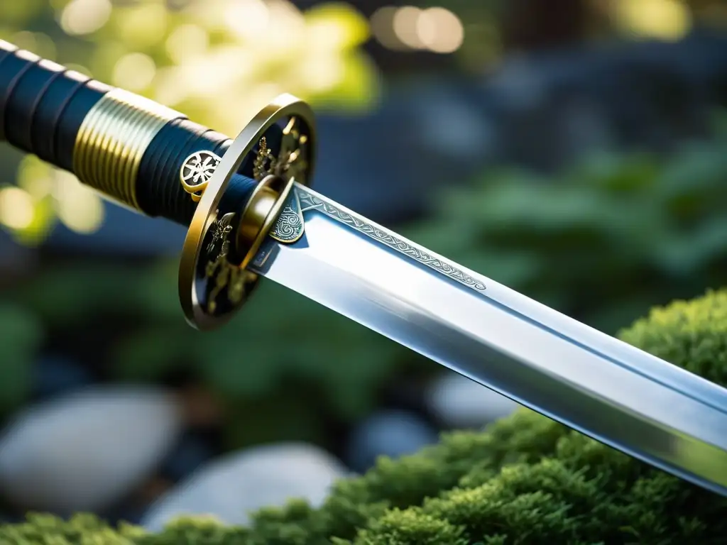 Una katana samurái deslumbrante en un jardín japonés, reflejando la evolución de las espadas samurái con artesanía atemporal