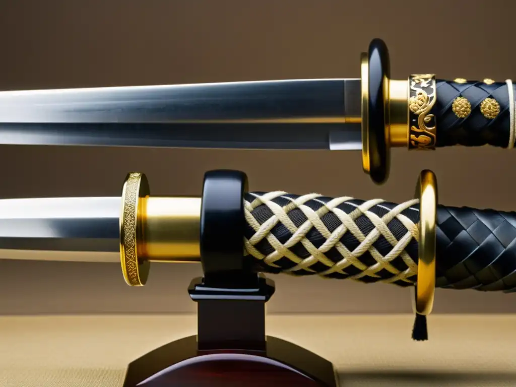 Una katana exquisitamente detallada descansa sobre un soporte tradicional japonés, evocando la historia del comercio de espadas samuráis