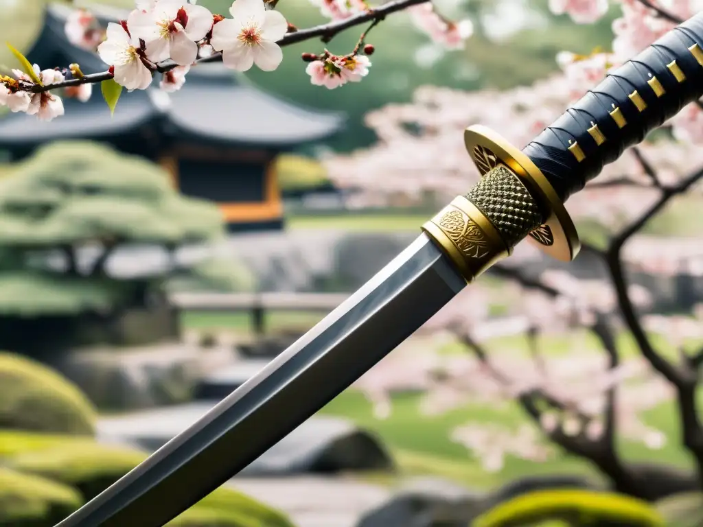 Una katana samurái con detalles intrincados brilla bajo la luz en un jardín japonés con flores de cerezo